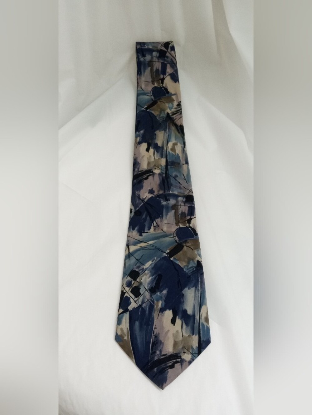 Oleg Cassini Blue and Cream Abstract Brushstroke Men's Silk Tie